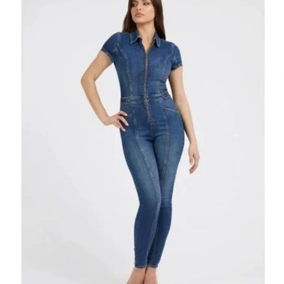 GUESS Collared Denim Jeans Jumpsuit Short Sleeve Zip Front Logo Stretchy Blue XS - Picture 5 of 7